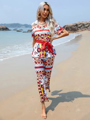 Floral Bow Print Shirt & Wide Leg Pants Coord Set-S / RED