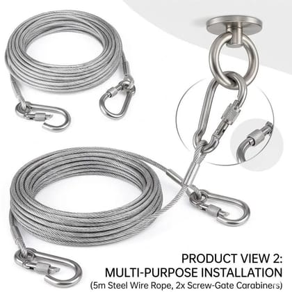 Heavy Duty 10 Meter Stainless Steel Wire Rope Cable with Carabiner Hooks | Rustproof Hanging Cable for Lights, Plants, Shade Sails, Banners, Garden & Outdoor Use Heavy Duty 10 Meter Stainless Steel Wire Rope Cable with Carabiner Hooks | Rustproof Hanging Cable for Lights, Plants, Shade Sails, Banners, Garden & Outdoor Use