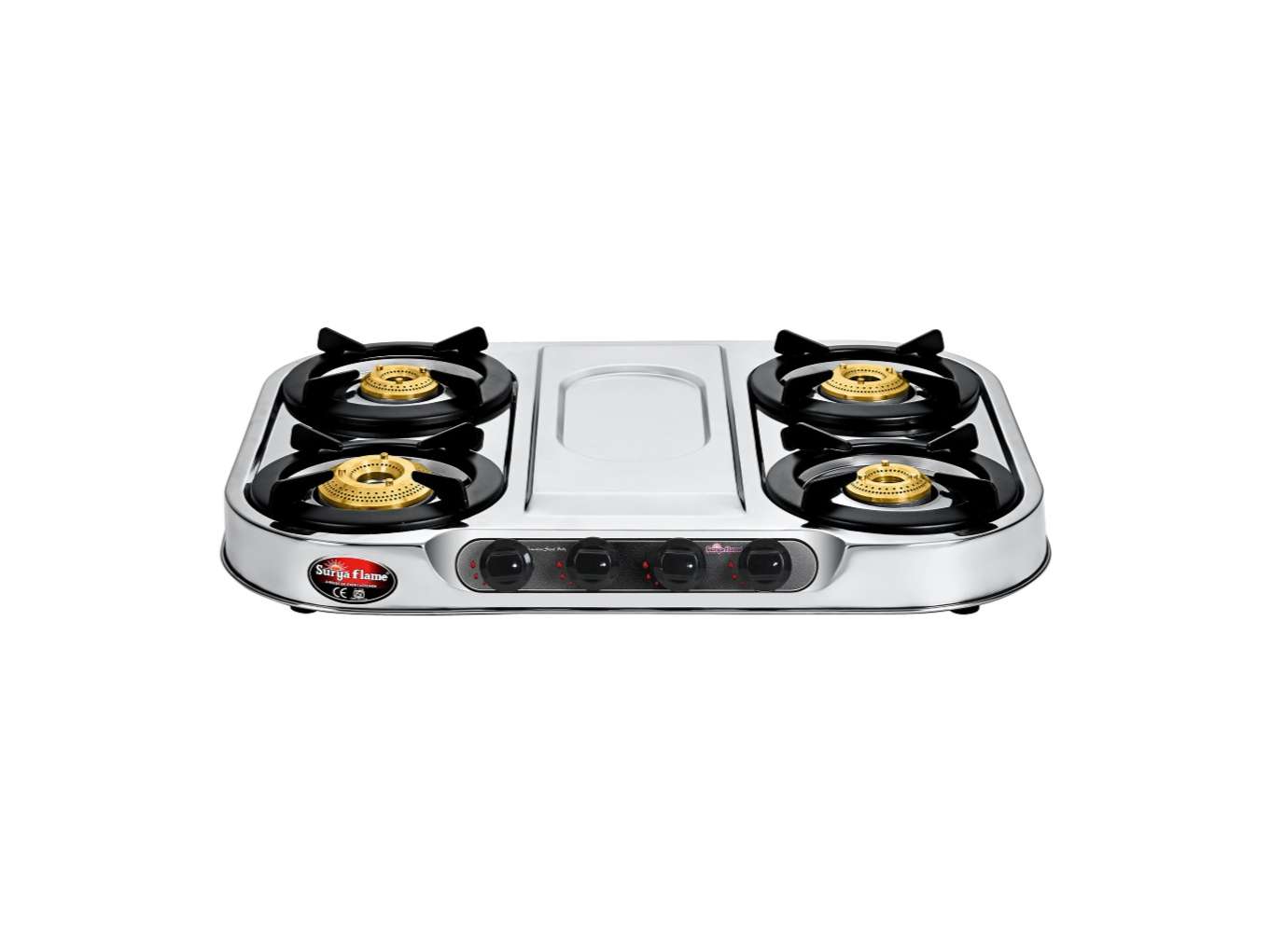 Surya Flame Naples Gas Stove 4 Burner Stainless Steel, Tri-Pin Brass Burners with Jumbo Burner, 4 Burner Steel gas Stove with 360 Revolving Nozzle, Brass Valve, ABS Knobs 
