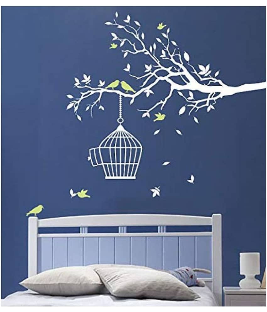Asmi Collection White Branches Green Birds Nature Sticker ( 125 x 155 cms )