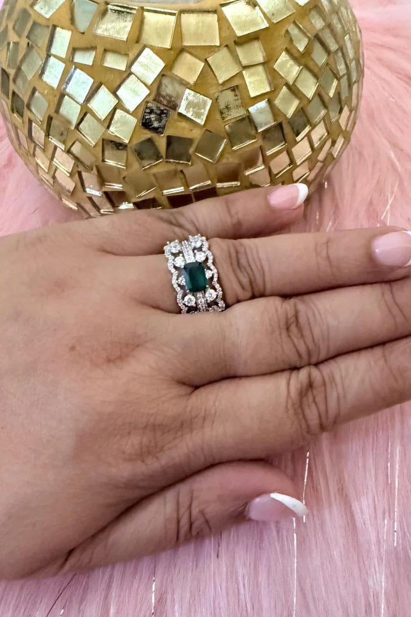 Smitam Jewels Emerald Majesty Ring Green Stone Crystal Studded Brass Statement Ring