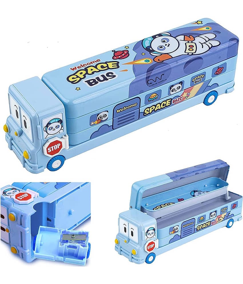Villy Pencil Box with Wheel Tyres&Sharpner Double Compartment Bus Shape Geometry Box