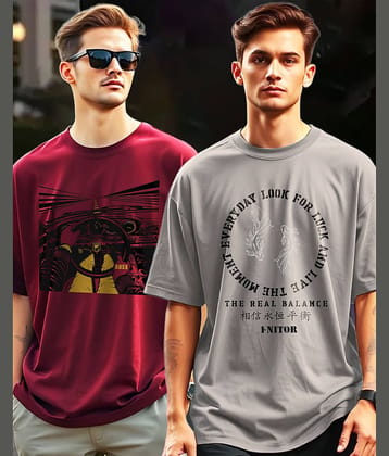 ENITOR Men Cotton Blend Oversized Fit Printed T-Shirt ( Grey )