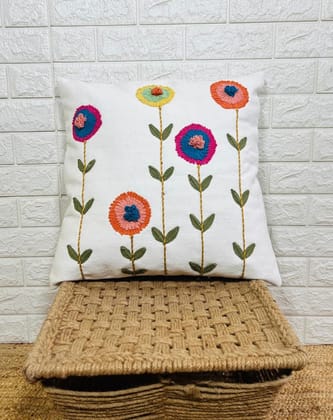 Indihomecraft Handicraft Cotton Cushion Cover - Hand Stitched Embroidery Decorative Art Boho Pillow Flower Shape Hand Made Pillow Cover | Hand Stitch Square Shape 18X18 Inches Cushion Cover, Set of 1