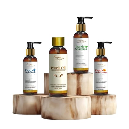 Siya Ayurveda Psoriasis Body and Hair Care Kit - Body Wash for Soothing Skin | Shampoo for Psoria | Body Lotions Moisturisation Cream | Ayurvedic Psoriasis Treatment Oil for Unisex, 200 ml - Pack of 4