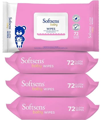 Softsens Baby Gentle Cloth Wipes Enriched with Aloe Vera , Vitamin, 72 Wipes, Pack of 4