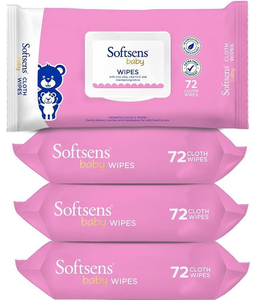 Softsens Baby Gentle Cloth Wipes Enriched with Aloe Vera , Vitamin, 72 Wipes, Pack of 4