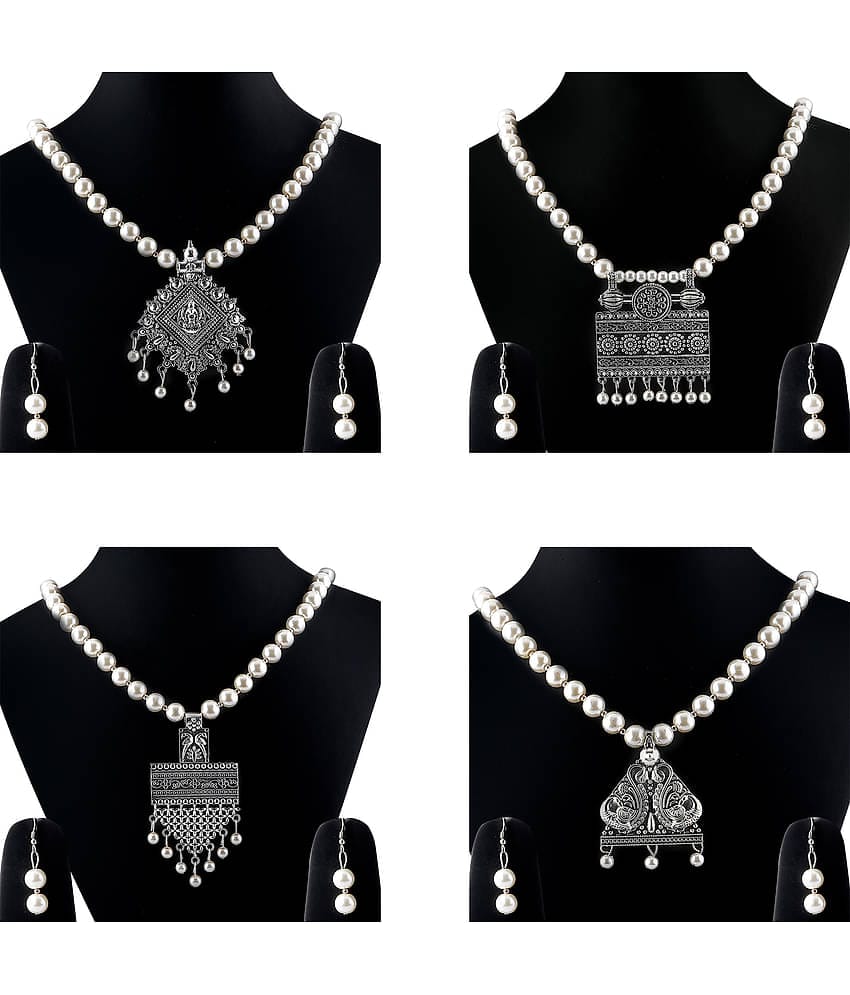 SILVER SHINE Silver Plated Traditional Designer Pearl Set Combo For Women