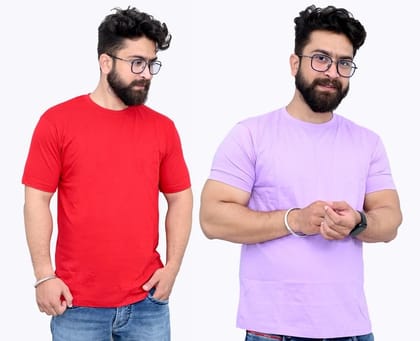 Tru Threads Solid Premium T-Shirt 2 Pcs Combo - Red, Lavender (Size - L)