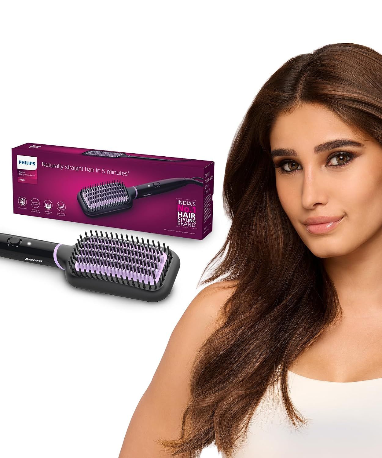 Philips India's No.1 Hair Styling Brand -Hair Straightener Brush, Naturally Straight in 5 Mins,5X Less Frizz,SilkProtect Keratin Tech,Triple Bristle Fast 50s Heatup,Scalp Protect,For Indian Hair,BHH880 Philips India's No.1 Hair Styling Brand -Hair Straig