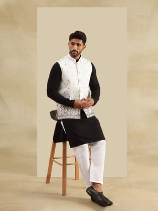 Men's Cotton Black Kurta & White Pyjama With Daman Embroidered Cream Nehru Jacket-36