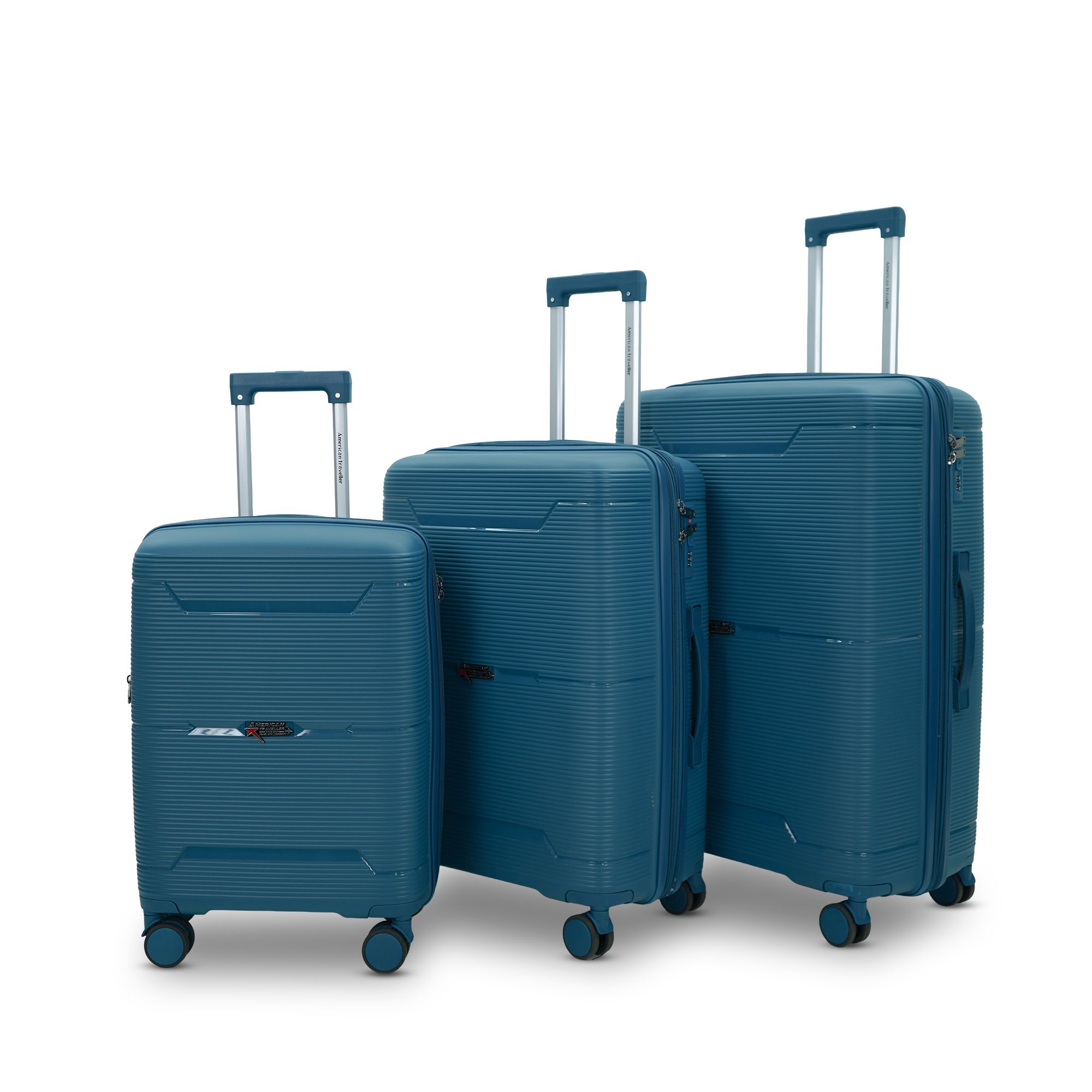 AMERICAN TRAVELLER Touris Bliss 8024 Hardshell Luggage Set, Polypropylene, Expandable Spinner Trolley with TSA Type Lock, Anti-Theft Zippers, 3 Pieces (3, Blue, S,M,L)