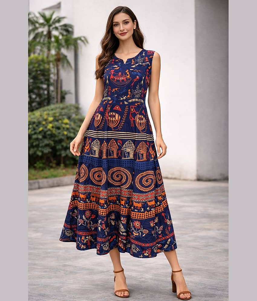 Frionkandy Women Cotton Printed Maxi ( Blue )