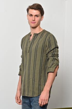 Edge - Cotton Striped Kurta Shirt - Green-S-38 / GREEN