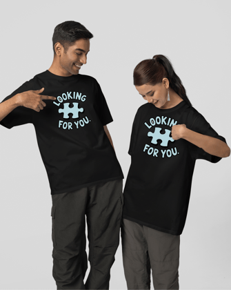 Looking for You T-Shirt  - Round Neck Drop Shoulder Graphic Printed Oversized Cotton T-shirt-S / Male / Black