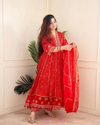 Premium Zari Weaving Printed Kurti Pant Dupatta Set (Stitched)-M(38) / Red