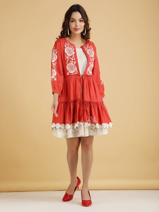 Girls Dress Middi Set -Cream Red Dress in 2 Pc - Machine Embroidery-36