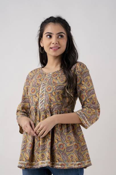 Casual Bell Sleeves Printed Women Yellow Top