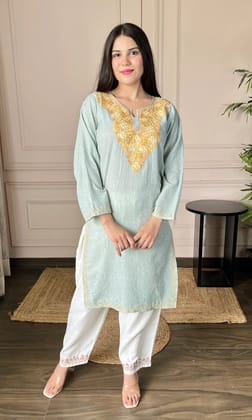 Light sea green Aari Embroidered Crushed Cotton Kurti-XS