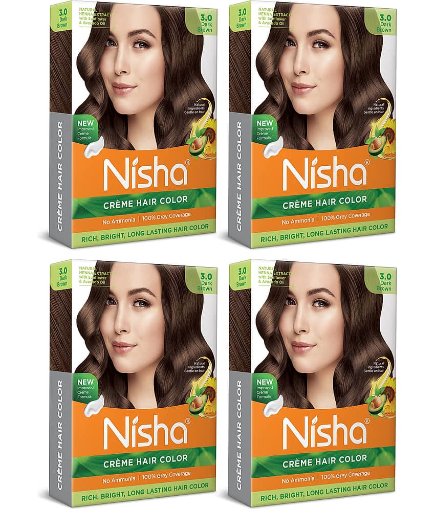 Nisha Creme Hair Color Dark Brown 40gm Pack of 4, Permanent Hair Color for Women Men, No Ammonia, 100% Grey Coverage