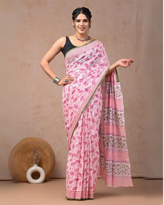 Blockprinted Pure Mul Cotton Poetic Pink Saree