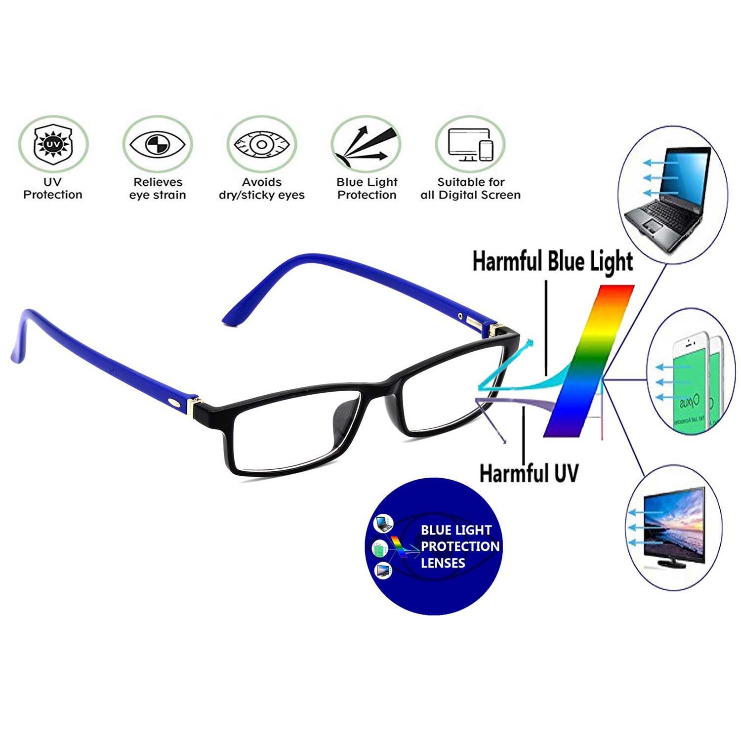 Hrinkar Eye Protection Zero Power Glass for Mobile and Computer with Blue Cut Lenses Computer Glasses for Men & Women | Blue and Black | HBCT-FRM-BK-BU-12