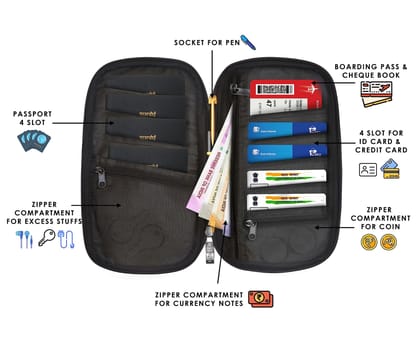 LOREM Travel Document Organizer, Grey & Black, Waterproof Passport Holder with Multiple Card Slots and Zipper Compartments