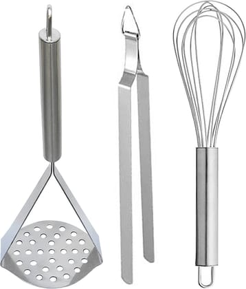 JISUN X3C Stainless Steel Potato Masher/Pav bhaji Masher and Egg Whisk/Egg Beater/Whiskers and Tong roti Sekne Chimta Silver Kitchen Tool Set  (Silver)
