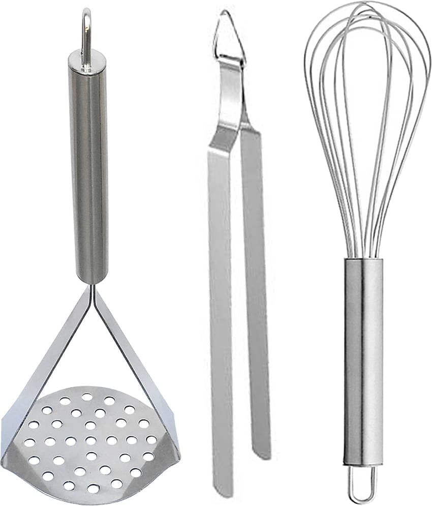 JISUN X3C Stainless Steel Potato Masher/Pav bhaji Masher and Egg Whisk/Egg Beater/Whiskers and Tong roti Sekne Chimta Silver Kitchen Tool Set  (Silver)
