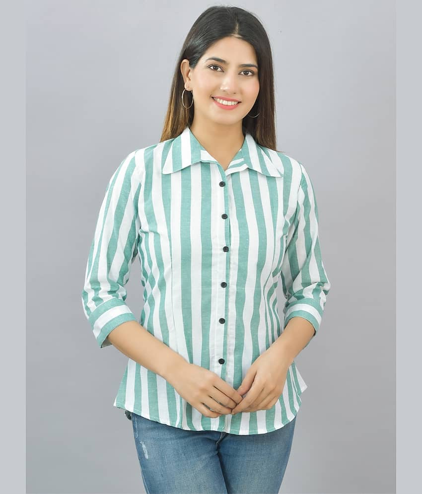 QuaClo Women Striped Cotton Shirt ( Green )