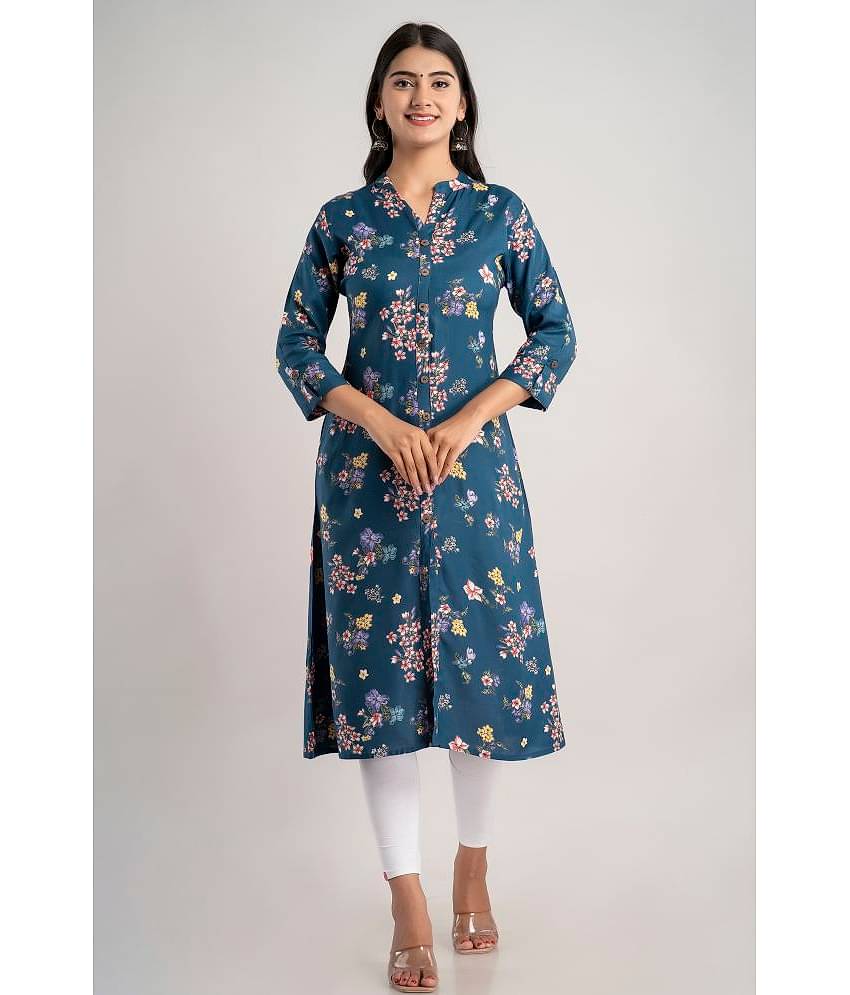 MAUKA - Blue Rayon Women's Front Slit Kurti ( Pack of 1 )