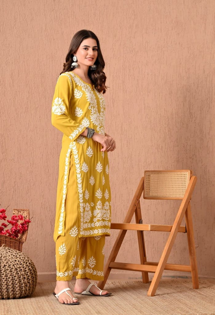 Hand Embroidered Chikankari Plazo Set with 3d Work-Mango yellow