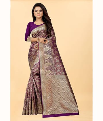 Gazal Fashions Banarasi Silk Embellished Saree With Unstitched Blouse Piece ( Wine )