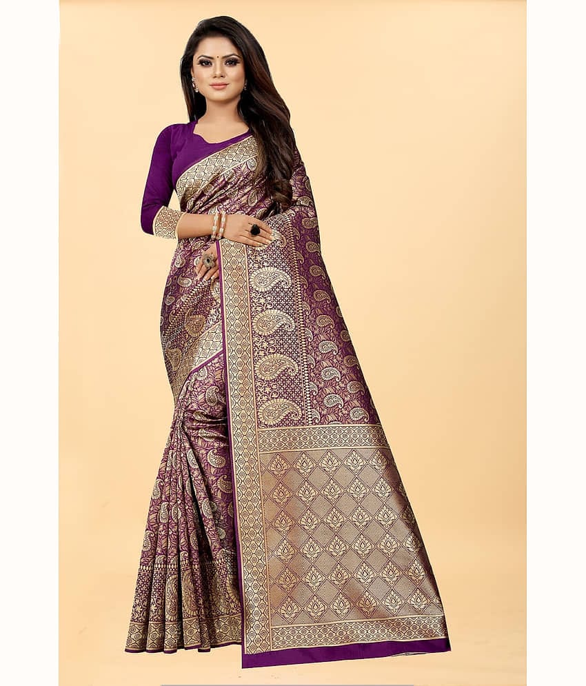 Gazal Fashions Banarasi Silk Embellished Saree With Unstitched Blouse Piece ( Wine )