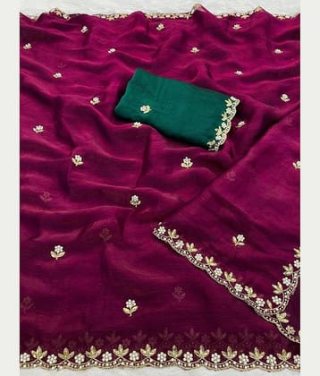 Sanwariya Silks Chiffon Embellished Maheshwari Saree With Unstitched Blouse Piece ( Wine )