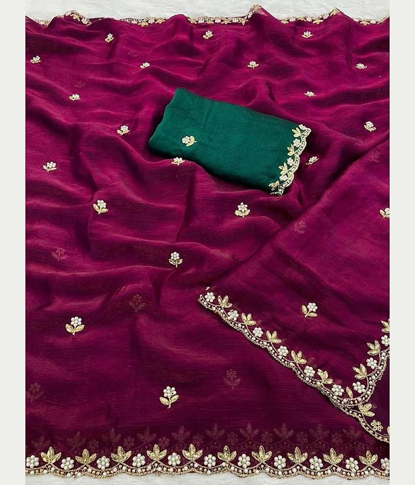 Sanwariya Silks Chiffon Embellished Maheshwari Saree With Unstitched Blouse Piece ( Wine )