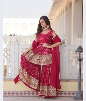 Trijal Fab Pack of 1 Georgette Embroidered Straight Women's Kurti with Dupatta - ( Pink )