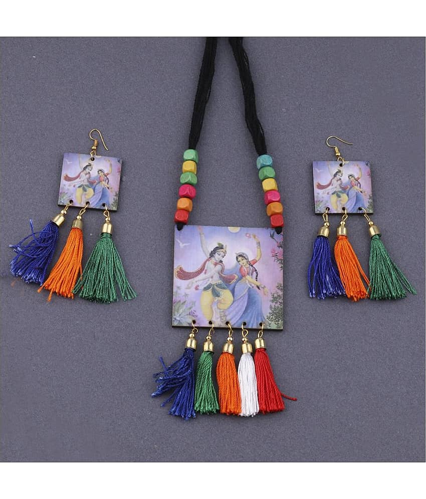 Silver Shine Alloy Multi Color Traditional Necklaces Set Long Haram