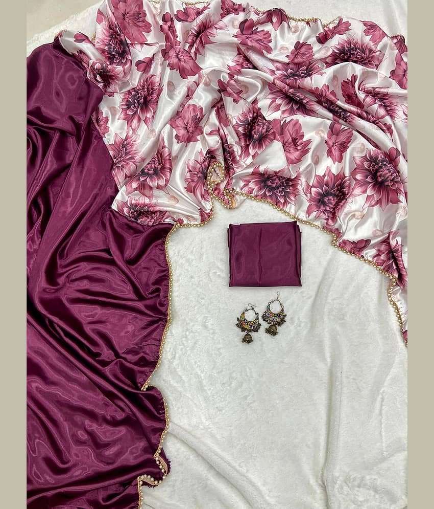 Apnisha Satin Printed Saree With Unstitched Blouse Piece ( Wine )