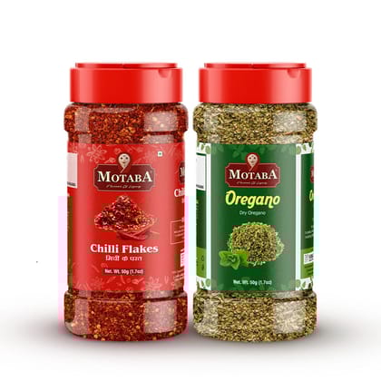 MOTABA Masala Organic Motaba International Sprinklers Chilli Flakes & Pizza Pasta Seasoning, 50 gm Each - Pack of 2