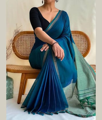 SARADA HANDLOOM Cotton Solid Saree With Unstitched Blouse Piece ( Blue )