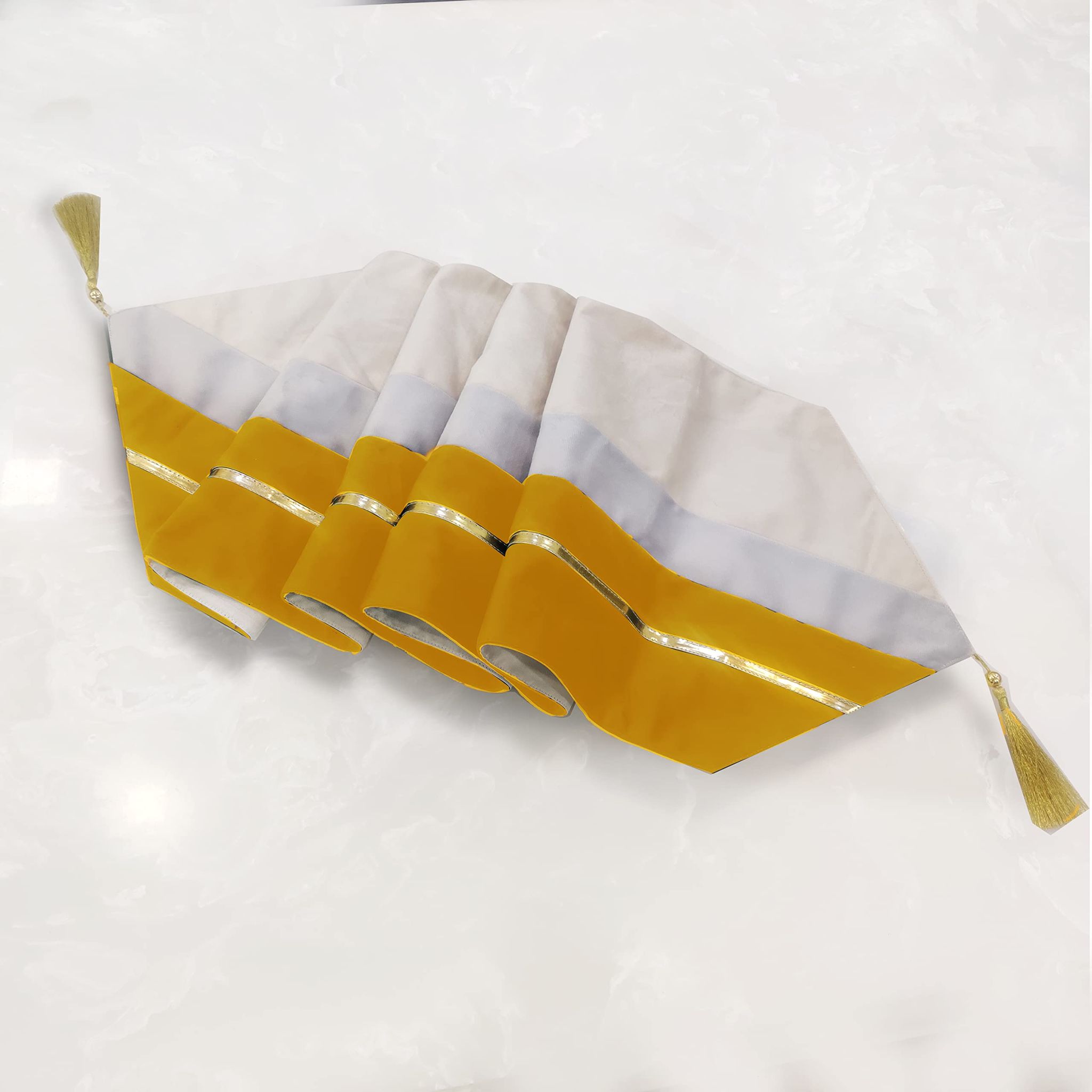 12 x 59 Inch Decorative Luxury Yellow Beige White Gold Leather Striped Patchwork Velvet Table Runners with Tassels for Home Living Room Bedroom Art Decor Wedding