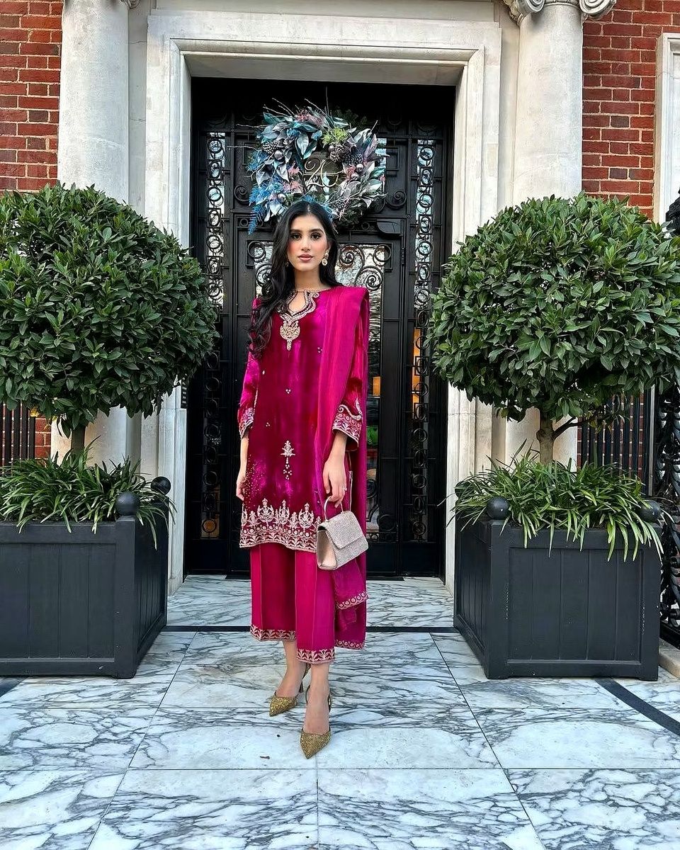 Shiv Textiles Women's Pink Velvet Suit Set with Dupatta Size XL Sequence Work Party Wear Ethnic Ensemble Premium Winter Fashion Traditional Indian Outfit Ready to Wear