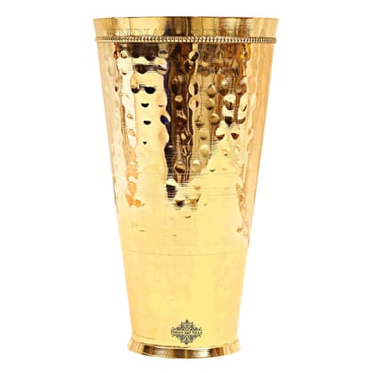 Handcrafted Pure Brass Lassi Glass Tumbler with Hammered Design, Drinkware, Serveware-470ml / 1