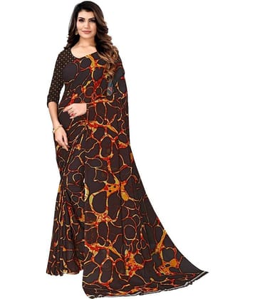 Kanooda Prints Georgette Printed Saree With Unstitched Blouse Piece ( Coffee )