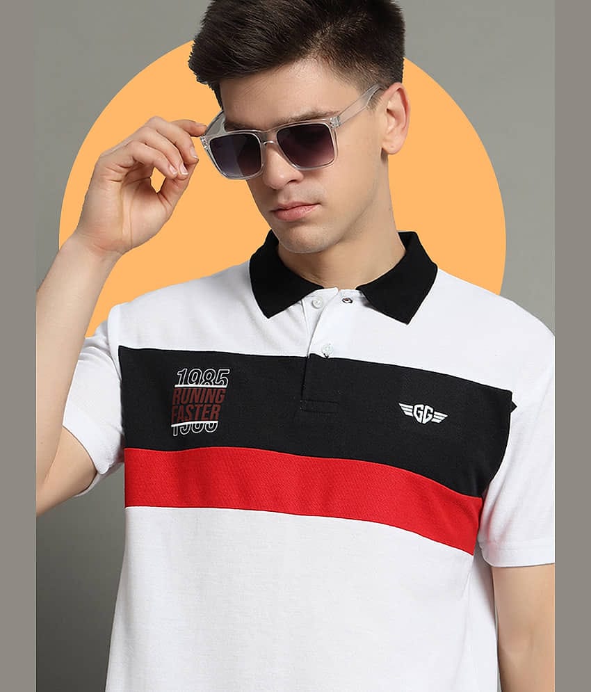 GET GOLF Pack of 1 Cotton Blend Regular Fit Colorblock Half Sleeves Men's Polo T Shirt ( White )