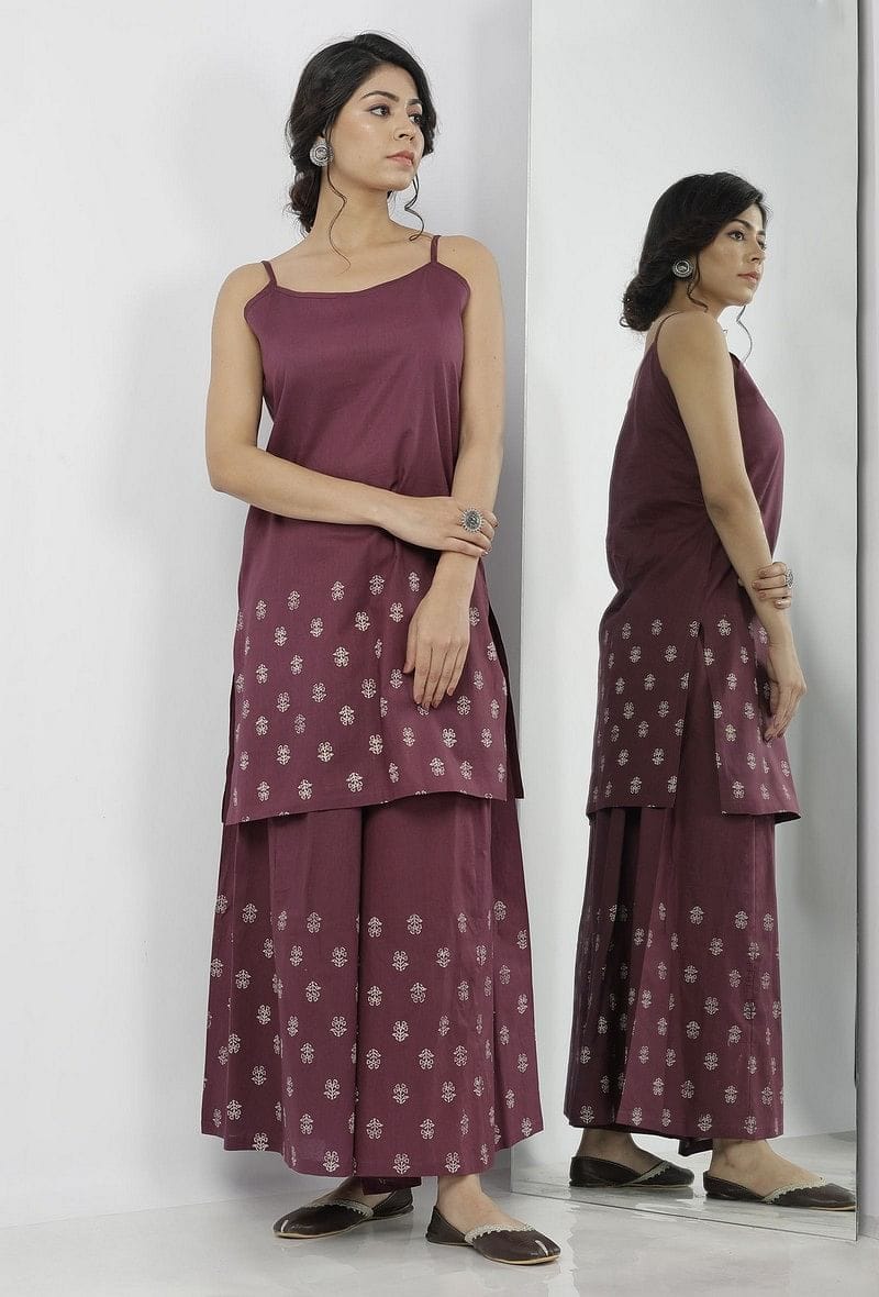 Set of 2: Iya Purple Buti Hand-Block Printed Cotton Slip with Buti Hand-Block Printed Cotton Palazzo-XS