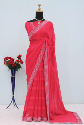 Women Embroidered Party Wear Gerogette Saree With Blouse