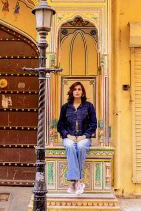 Rustic Glow Denim Jacket with Vibrant Indian Patterns-S