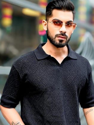 Croshia Knit Black Half Sleeve Polo T-Shirt-S